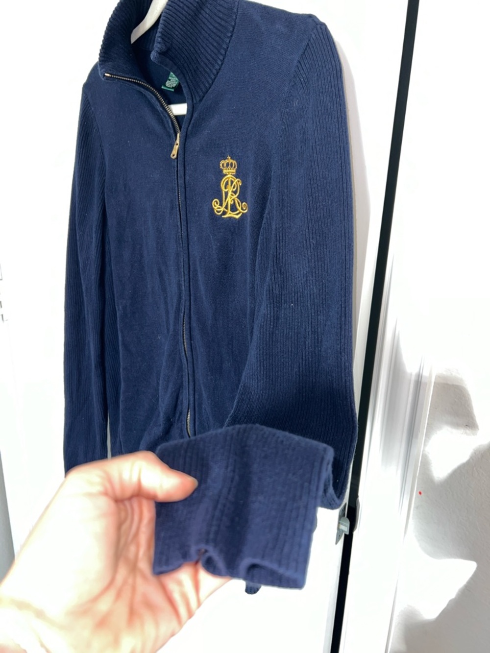 Lauren Ralph Lauren Navy Knit Cardigan with Gold Crest & Gold Zipper size XL - Picture 5 of 8
